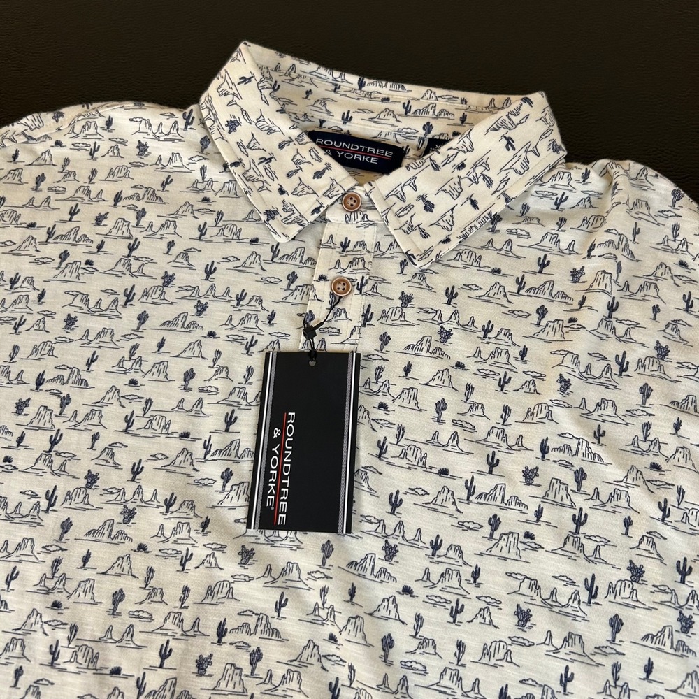 Roundtree & Yorke Desert Print Short Sleeve Polo Shirt White Blue Mens XXL 2XL